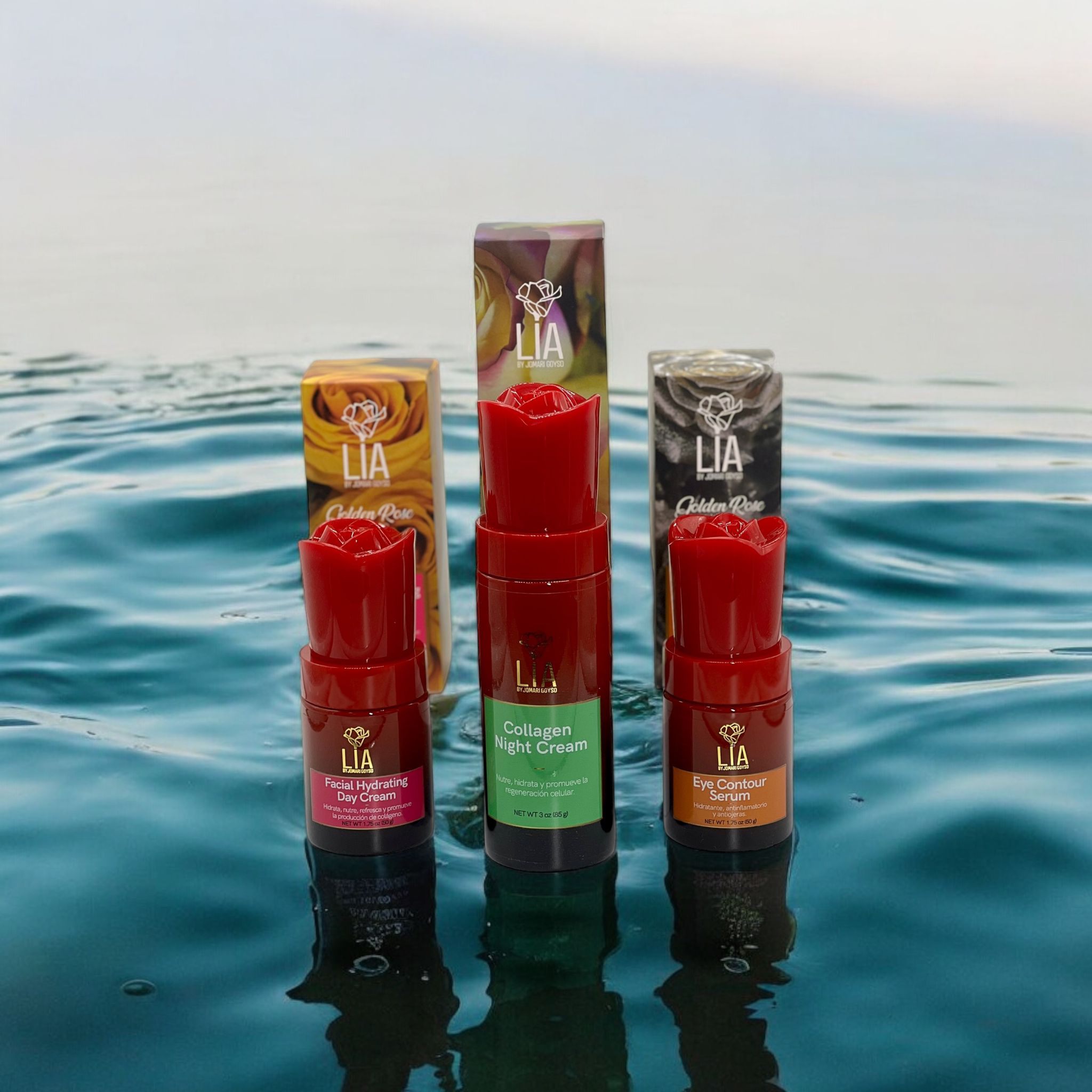 LIA by Jomari Goyso skincare — rose-topped bottles photographed on water