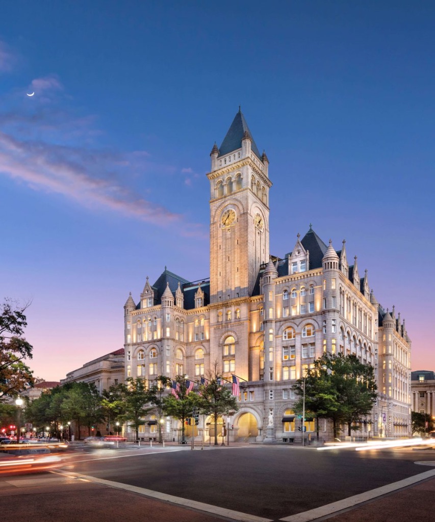 The Waldorf Astoria Washington DC — formerly the Trump International Hotel — at dusk
