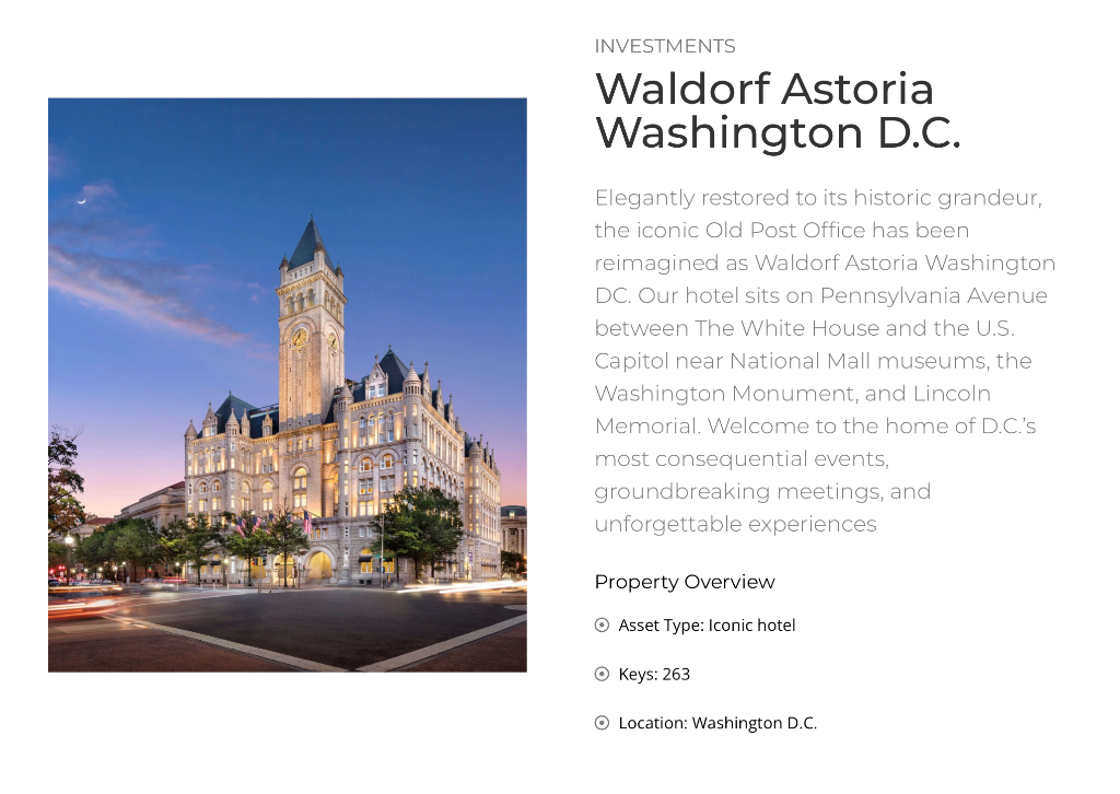 The Waldorf Astoria Washington D.C. shown as an investment listing inside the Access by CGI platform