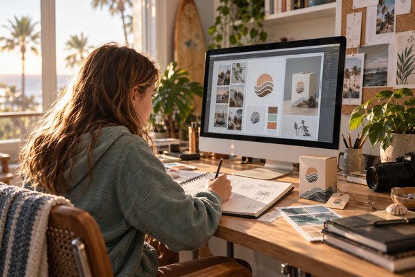 A young creator at a desk sketching logo ideas beside a screen full of brand layouts.