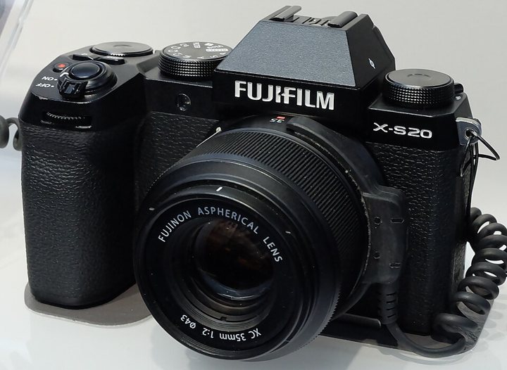 Fujifilm X-S20 mirrorless camera body.